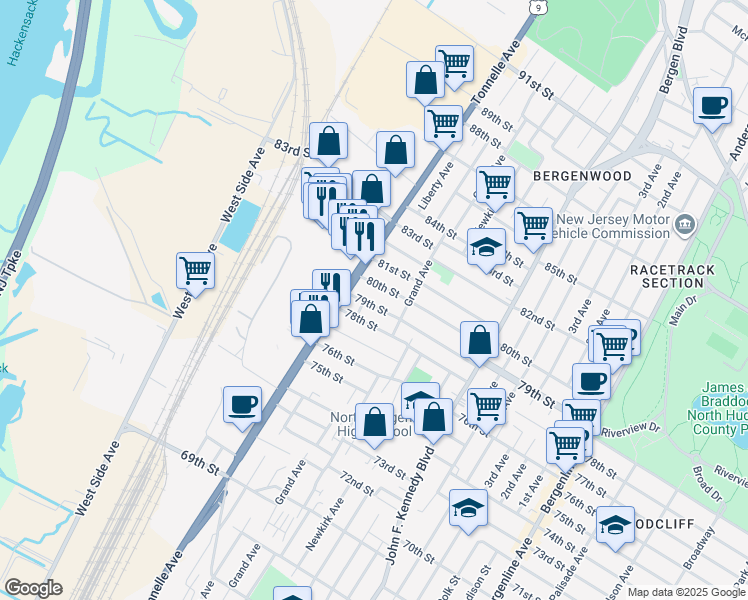 map of restaurants, bars, coffee shops, grocery stores, and more near 1612 79th Street in North Bergen
