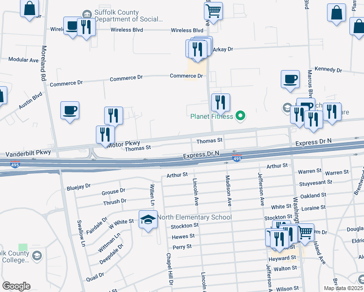 map of restaurants, bars, coffee shops, grocery stores, and more near 98 Thomas Street in Brentwood