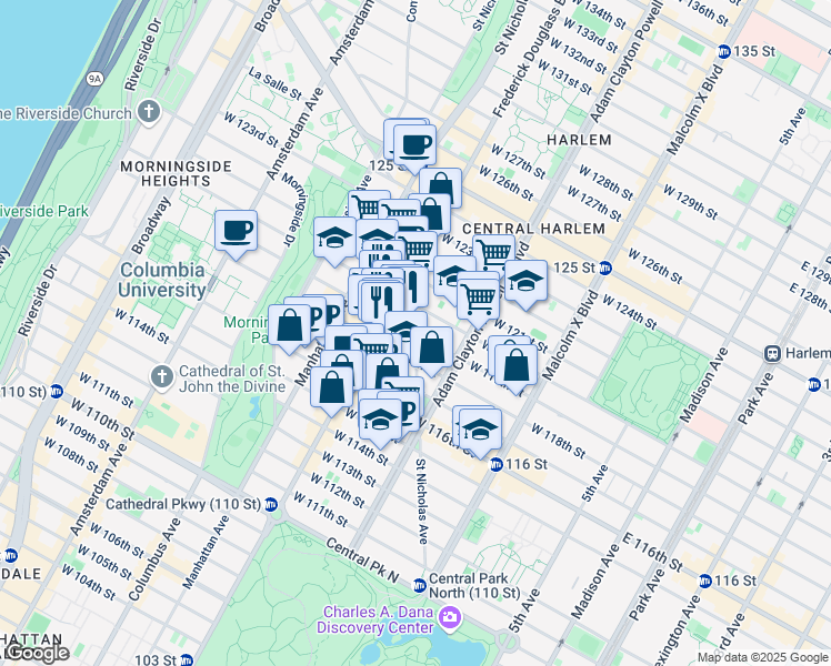 map of restaurants, bars, coffee shops, grocery stores, and more near St Nicholas Ave & W 119th St in New York