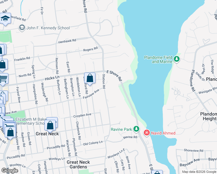 map of restaurants, bars, coffee shops, grocery stores, and more near 137 Station Road in Great Neck