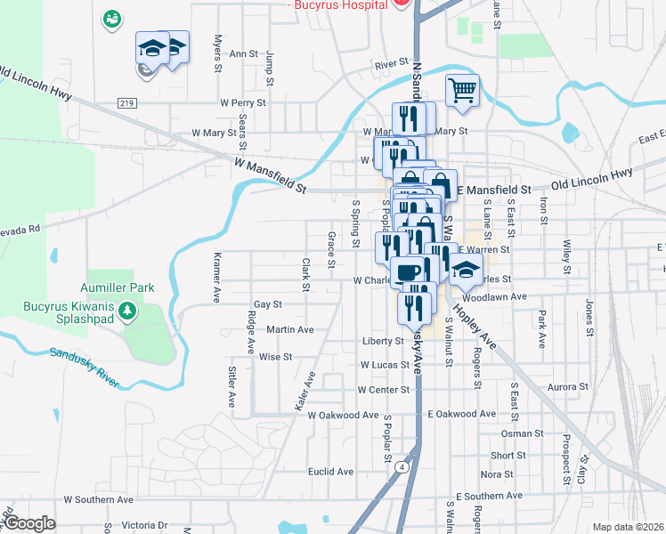 map of restaurants, bars, coffee shops, grocery stores, and more near 326 Grace Street in Bucyrus