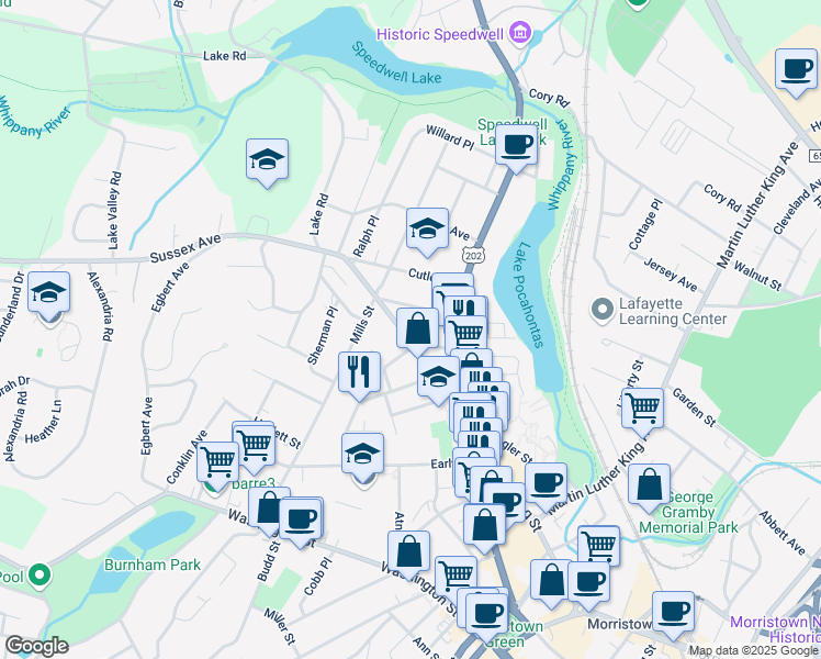 map of restaurants, bars, coffee shops, grocery stores, and more near 14 Speedwell Place in Morristown