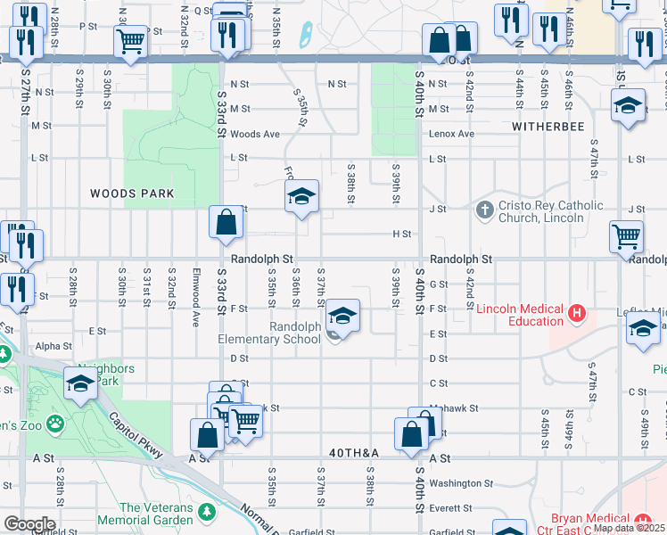 map of restaurants, bars, coffee shops, grocery stores, and more near 3725 Randolph Street in Lincoln