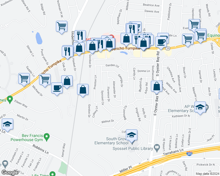 map of restaurants, bars, coffee shops, grocery stores, and more near 58 Florence Drive in Syosset