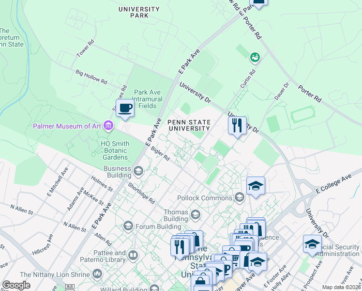 map of restaurants, bars, coffee shops, grocery stores, and more near 201 Johnston Commons in State College