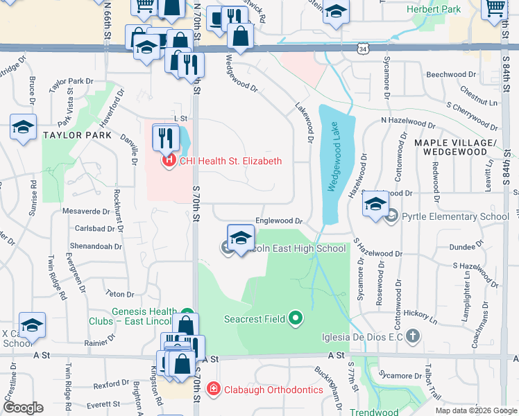 map of restaurants, bars, coffee shops, grocery stores, and more near 7251 South Wedgewood Drive in Lincoln