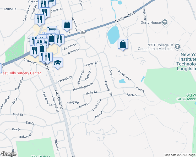 map of restaurants, bars, coffee shops, grocery stores, and more near 22 Henhawk Lane in Roslyn