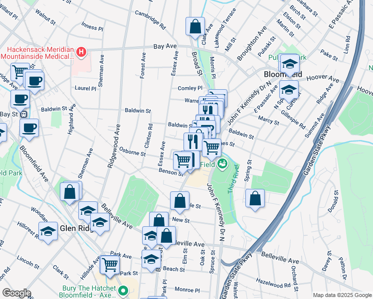map of restaurants, bars, coffee shops, grocery stores, and more near 27 Waverly Terrace in Bloomfield