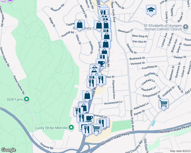 map of restaurants, bars, coffee shops, grocery stores, and more near 6 Lyons Street in Melville