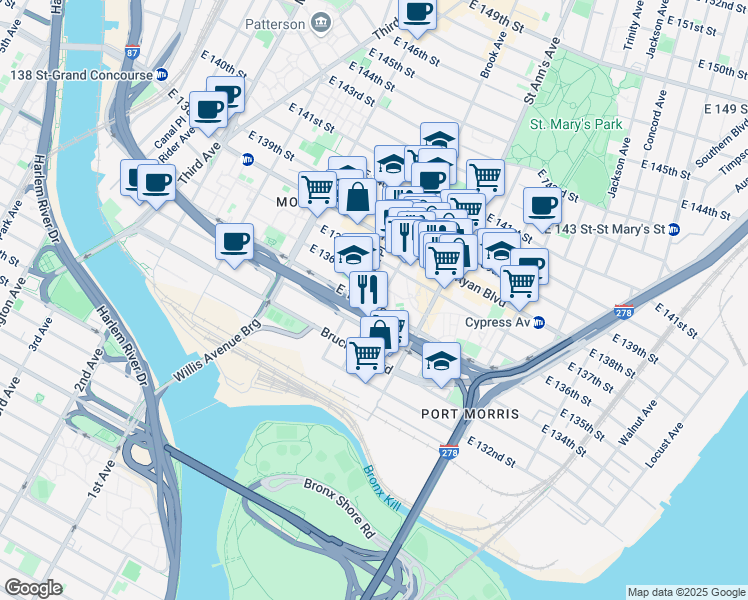 map of restaurants, bars, coffee shops, grocery stores, and more near 519 East 137th Street in Bronx