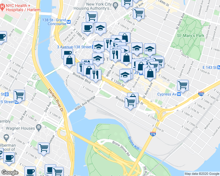 map of restaurants, bars, coffee shops, grocery stores, and more near in The Bronx