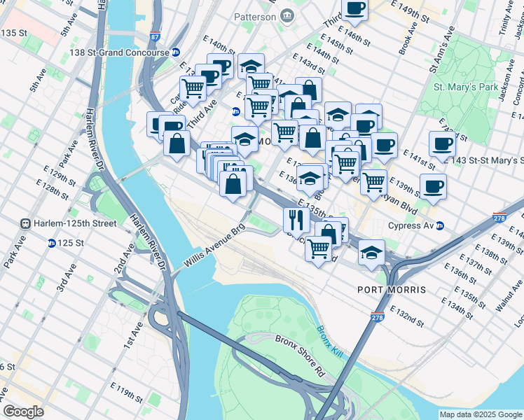 map of restaurants, bars, coffee shops, grocery stores, and more near 128 Willis Avenue in The Bronx