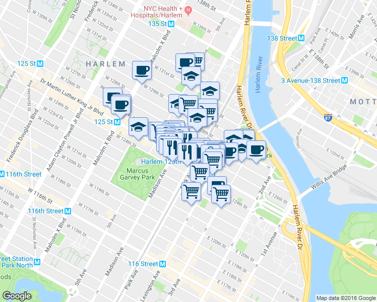 map of restaurants, bars, coffee shops, grocery stores, and more near 56 East 126th Street in New York
