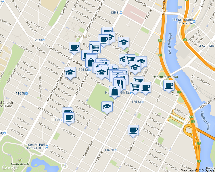 map of restaurants, bars, coffee shops, grocery stores, and more near in New York