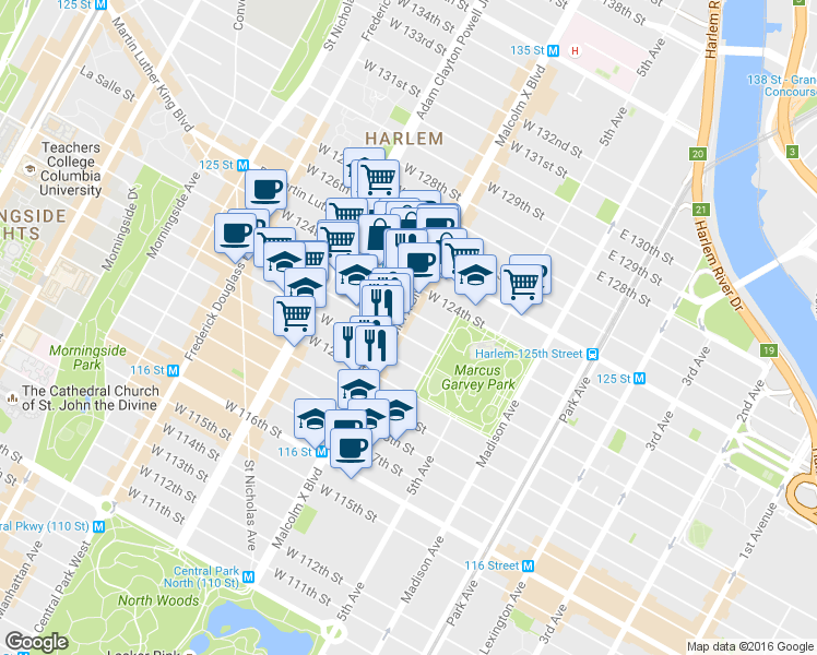 map of restaurants, bars, coffee shops, grocery stores, and more near 38 West 123rd Street in New York