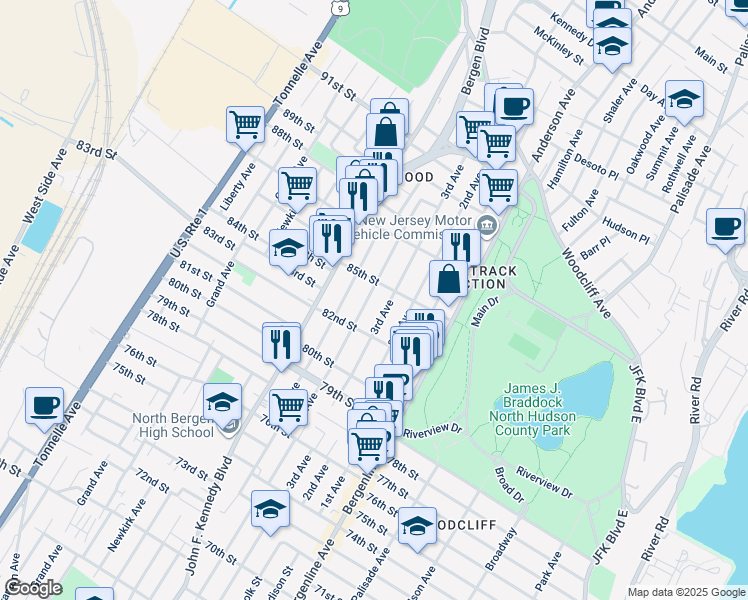 map of restaurants, bars, coffee shops, grocery stores, and more near 801 85th Street in North Bergen