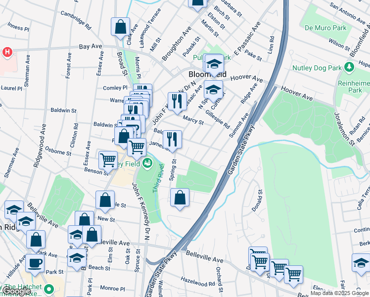 map of restaurants, bars, coffee shops, grocery stores, and more near 14 Spring Street in Bloomfield