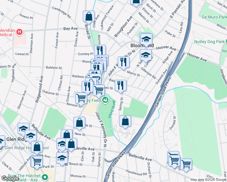map of restaurants, bars, coffee shops, grocery stores, and more near 62 James Street in Bloomfield
