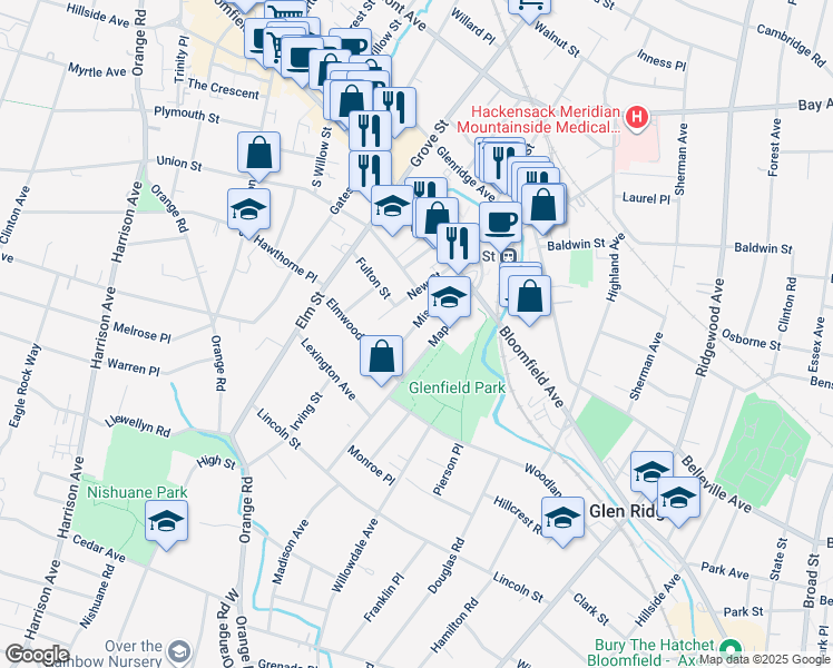 map of restaurants, bars, coffee shops, grocery stores, and more near 69 Mission Street in Montclair