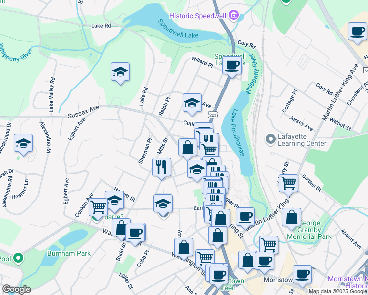 map of restaurants, bars, coffee shops, grocery stores, and more near 14 Speedwell Place in Morristown
