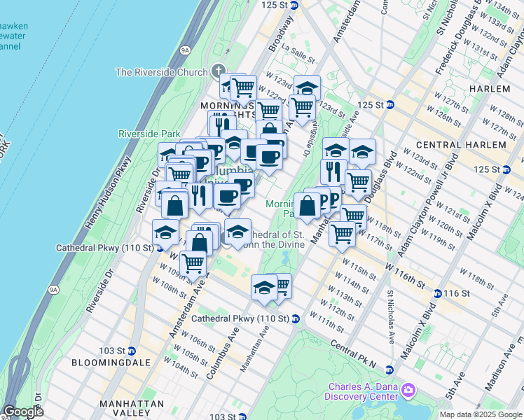 map of restaurants, bars, coffee shops, grocery stores, and more near 411 West 115th Street in New York