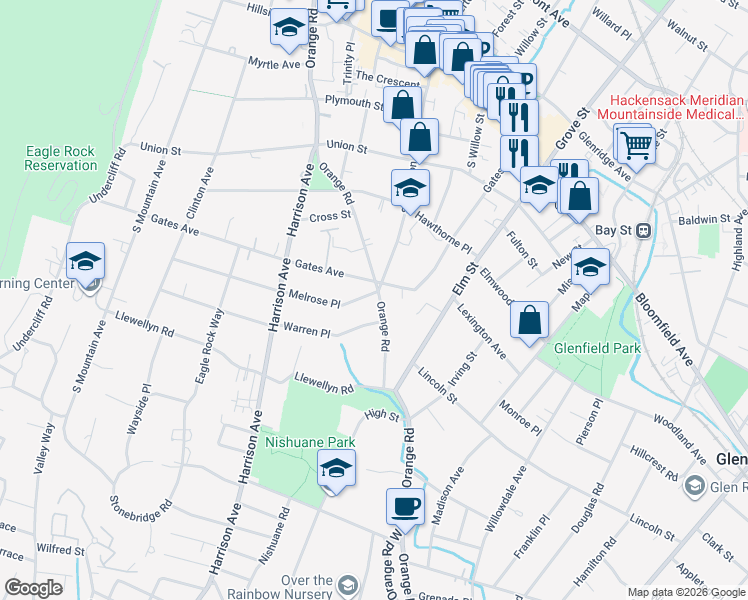 map of restaurants, bars, coffee shops, grocery stores, and more near 2 Melrose Place in Montclair
