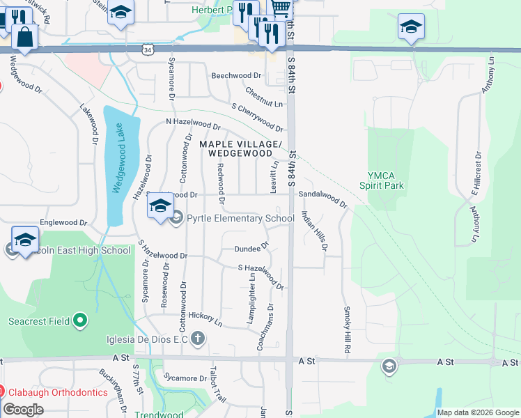 map of restaurants, bars, coffee shops, grocery stores, and more near 8216 Dorset Drive in Lincoln