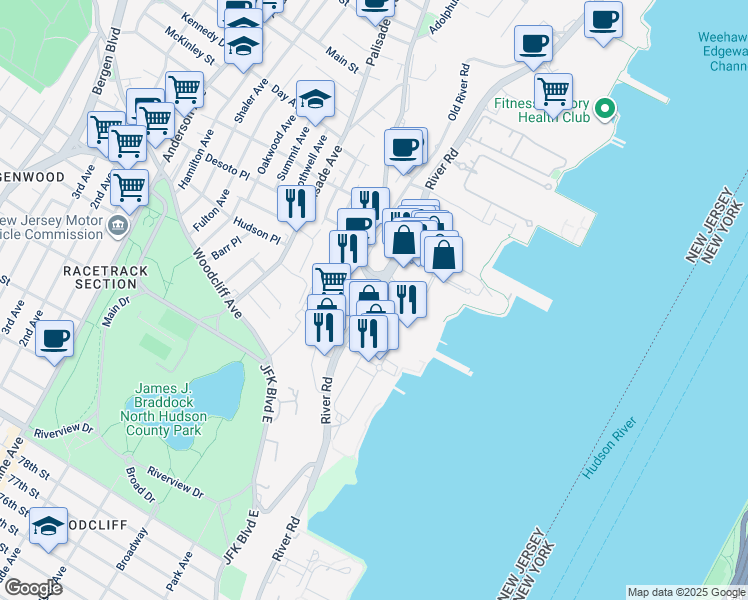 map of restaurants, bars, coffee shops, grocery stores, and more near 85 River Road in Edgewater