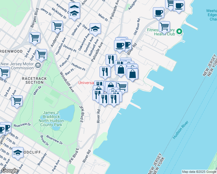map of restaurants, bars, coffee shops, grocery stores, and more near 137 Old River Road in Edgewater