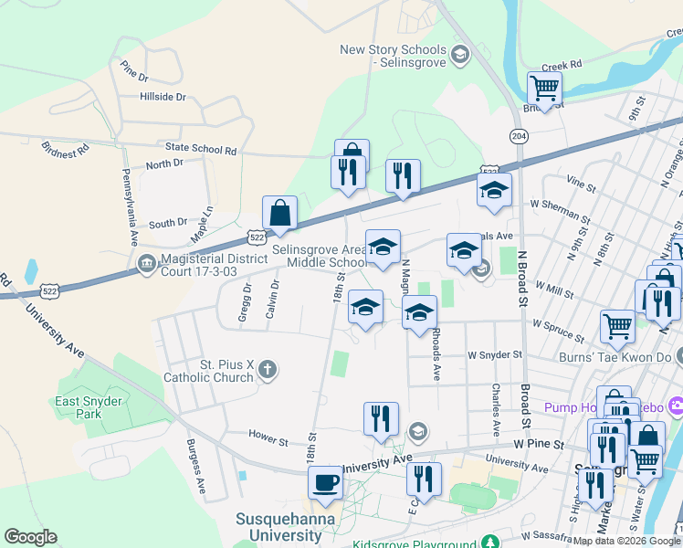 map of restaurants, bars, coffee shops, grocery stores, and more near 184 18th Street in Selinsgrove