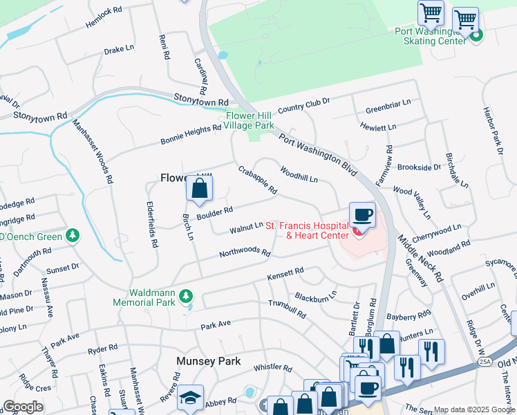 map of restaurants, bars, coffee shops, grocery stores, and more near 150 Boulder Road in Manhasset