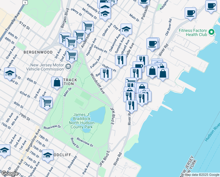 map of restaurants, bars, coffee shops, grocery stores, and more near 142 Hillcrest Place in North Bergen
