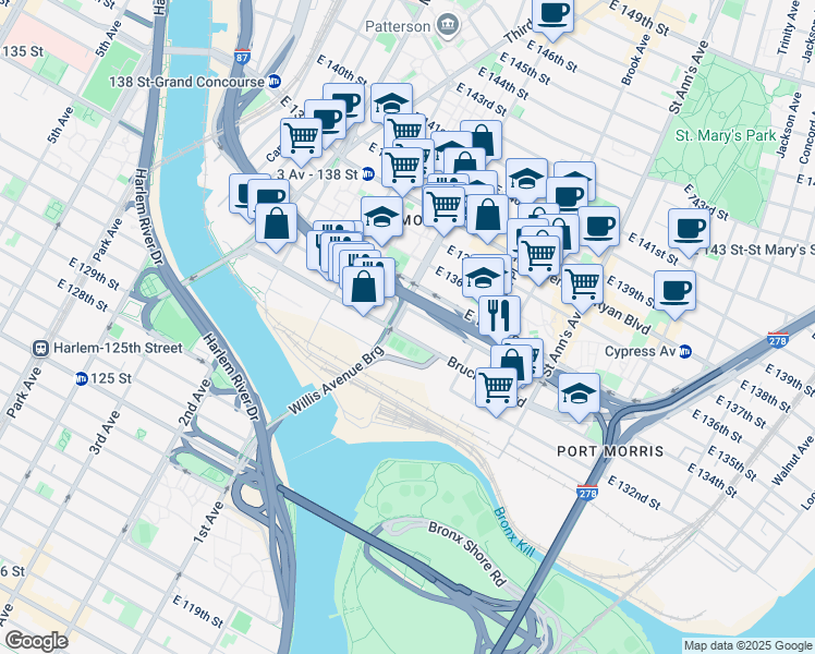 map of restaurants, bars, coffee shops, grocery stores, and more near 128 Willis Avenue in The Bronx
