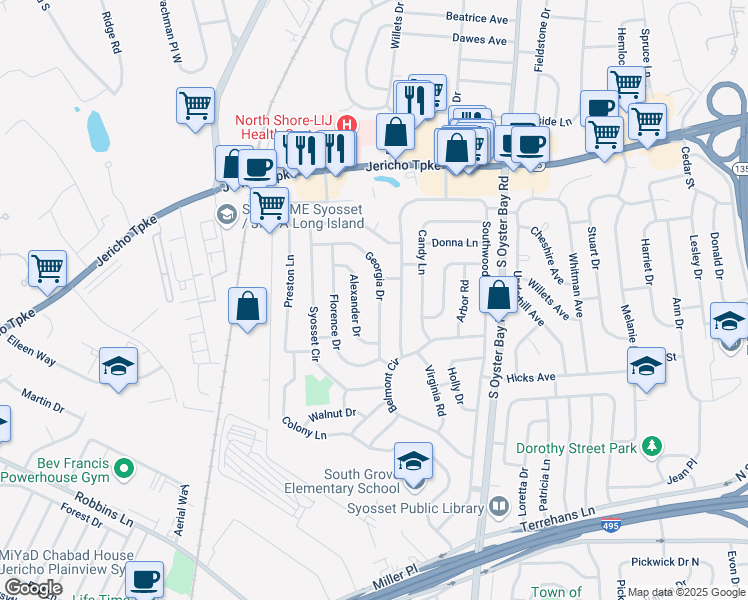 map of restaurants, bars, coffee shops, grocery stores, and more near 39 Georgia Drive in Syosset