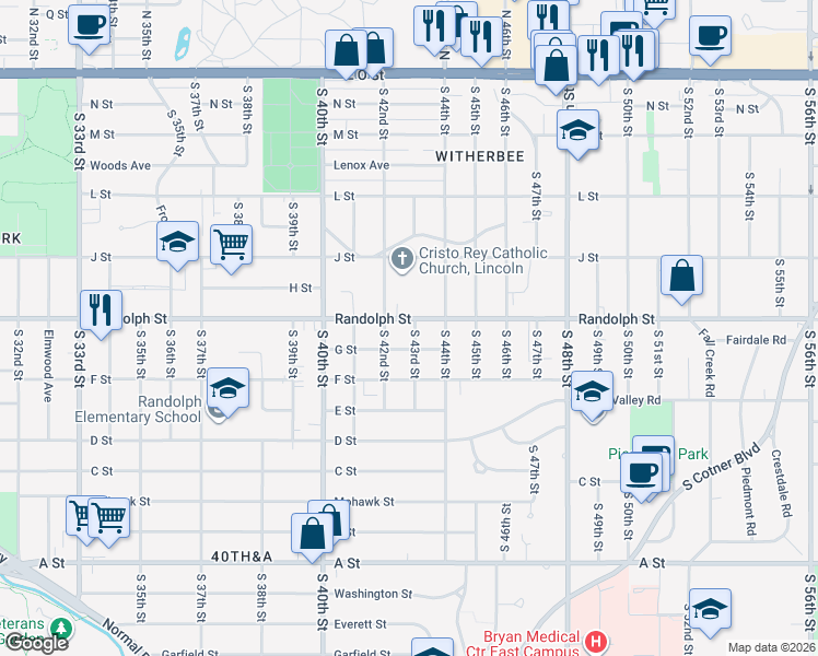 map of restaurants, bars, coffee shops, grocery stores, and more near 4243 Randolph Street in Lincoln