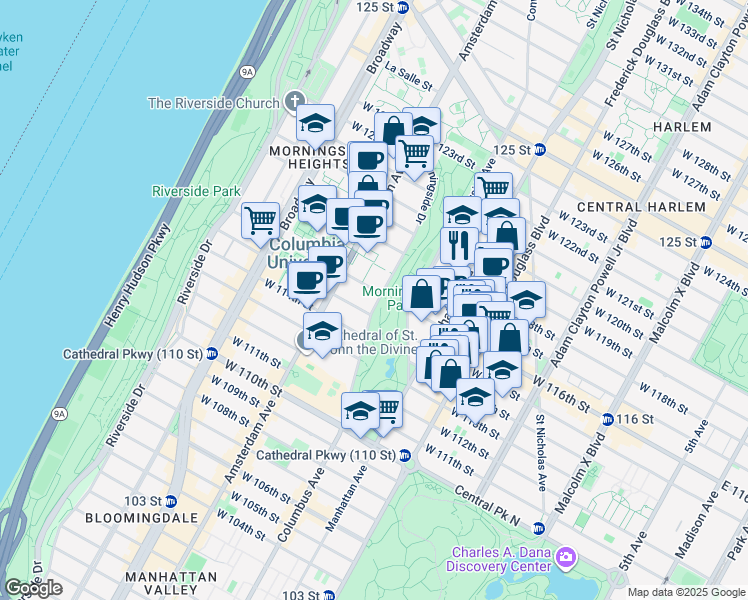 map of restaurants, bars, coffee shops, grocery stores, and more near 54 Morningside Drive in New York