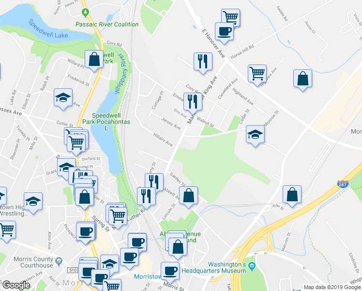 map of restaurants, bars, coffee shops, grocery stores, and more near 81 Martin Luther King Avenue in Morristown
