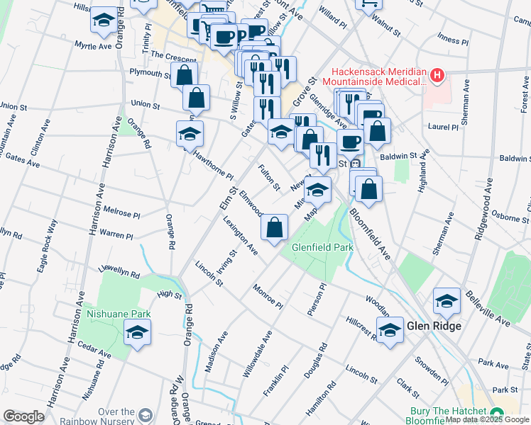 map of restaurants, bars, coffee shops, grocery stores, and more near 35 Elmwood Avenue in Montclair