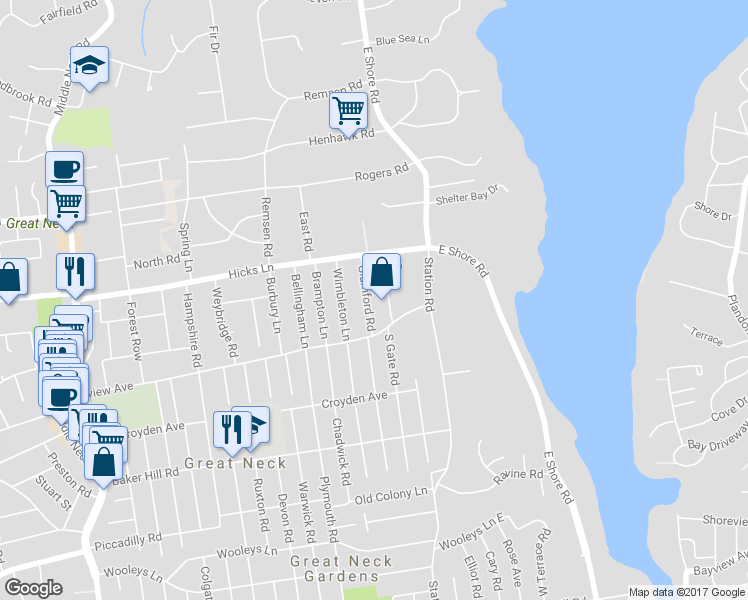 map of restaurants, bars, coffee shops, grocery stores, and more near 14 North Gate Road in Great Neck
