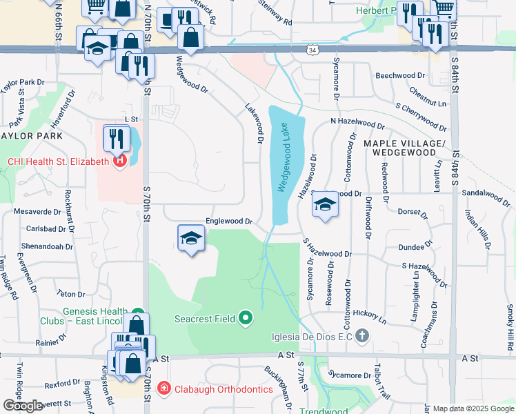 map of restaurants, bars, coffee shops, grocery stores, and more near 741 Lakewood Drive in Lincoln