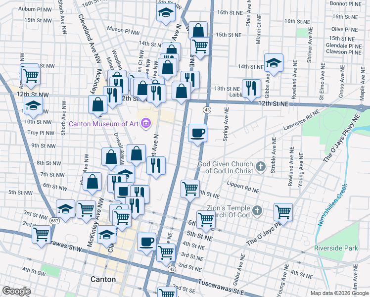 map of restaurants, bars, coffee shops, grocery stores, and more near 936 Walnut Avenue Northeast in Canton