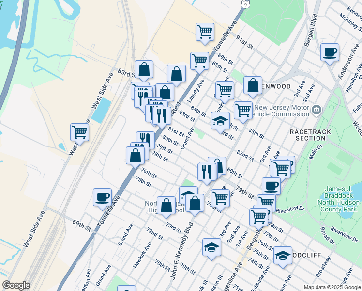 map of restaurants, bars, coffee shops, grocery stores, and more near 80th Street in North Bergen