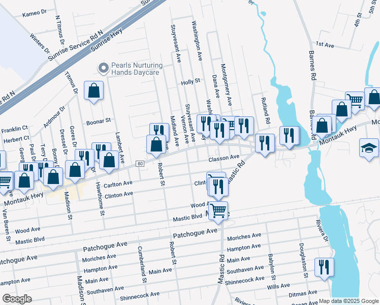 map of restaurants, bars, coffee shops, grocery stores, and more near 1550 Montauk Highway in Mastic