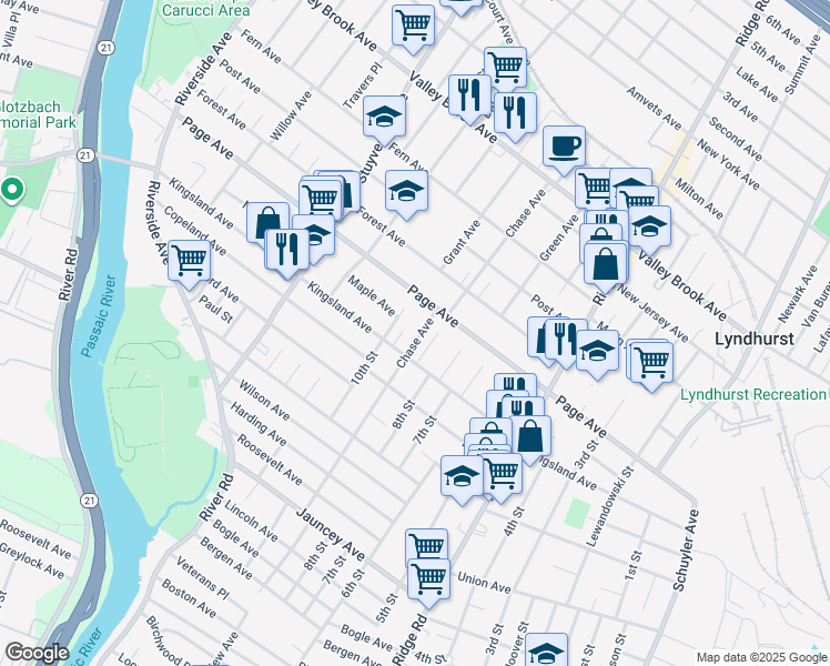 map of restaurants, bars, coffee shops, grocery stores, and more near 583 Chase Avenue in Lyndhurst
