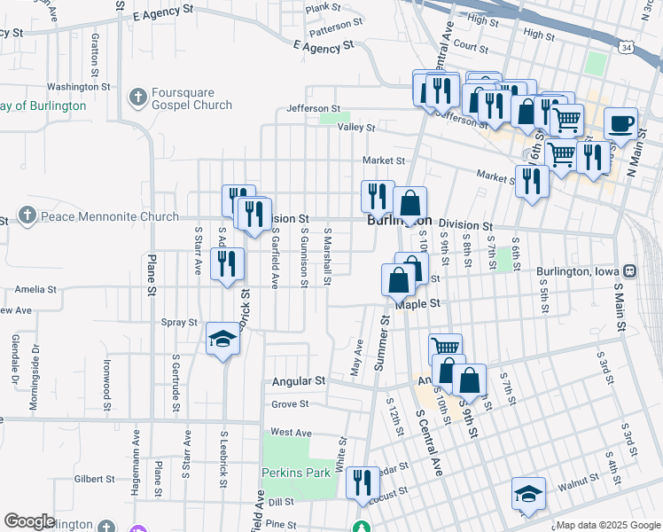 map of restaurants, bars, coffee shops, grocery stores, and more near 412 South Marshall Street in Burlington
