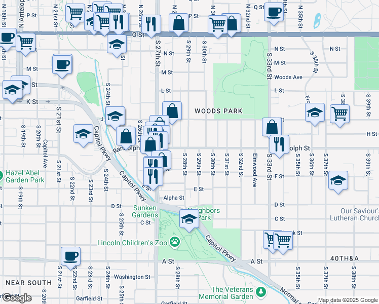 map of restaurants, bars, coffee shops, grocery stores, and more near 2817 Randolph St in Lincoln