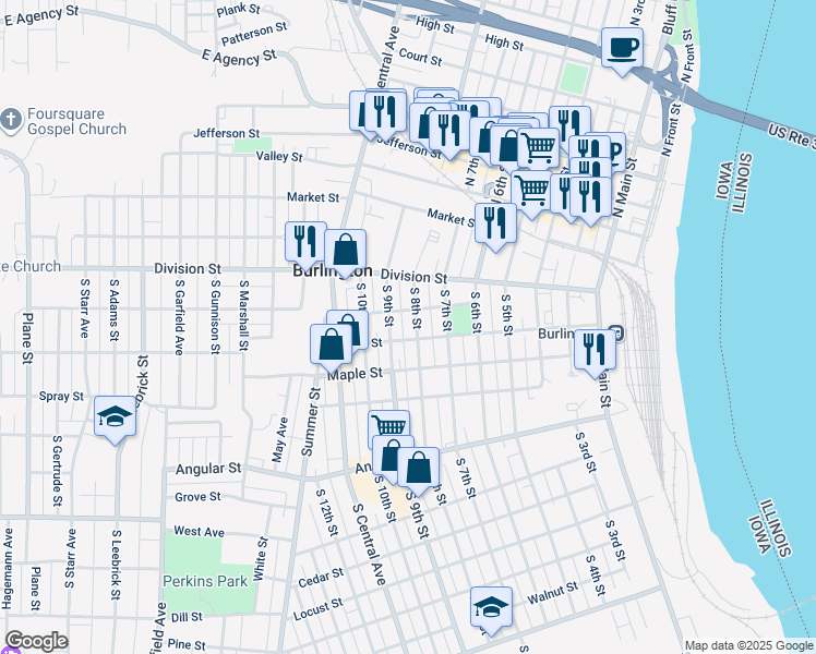 map of restaurants, bars, coffee shops, grocery stores, and more near 247 South 8th Street in Burlington