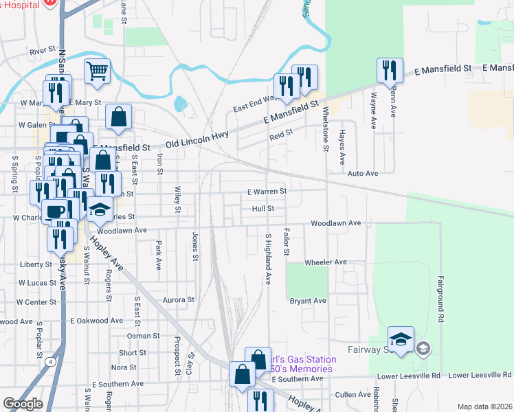 map of restaurants, bars, coffee shops, grocery stores, and more near 924 Hull Street in Bucyrus