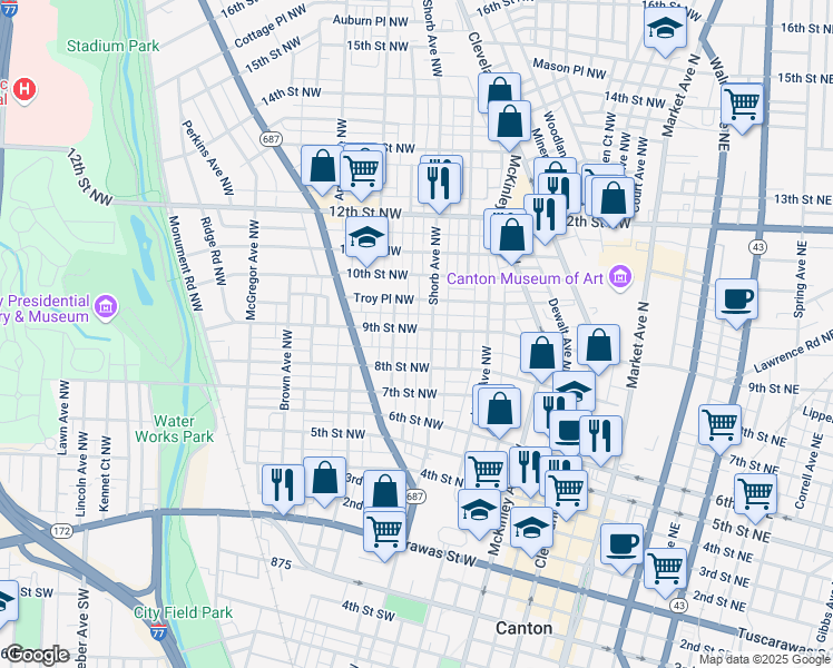 map of restaurants, bars, coffee shops, grocery stores, and more near 911 Clover Court Northwest in Canton