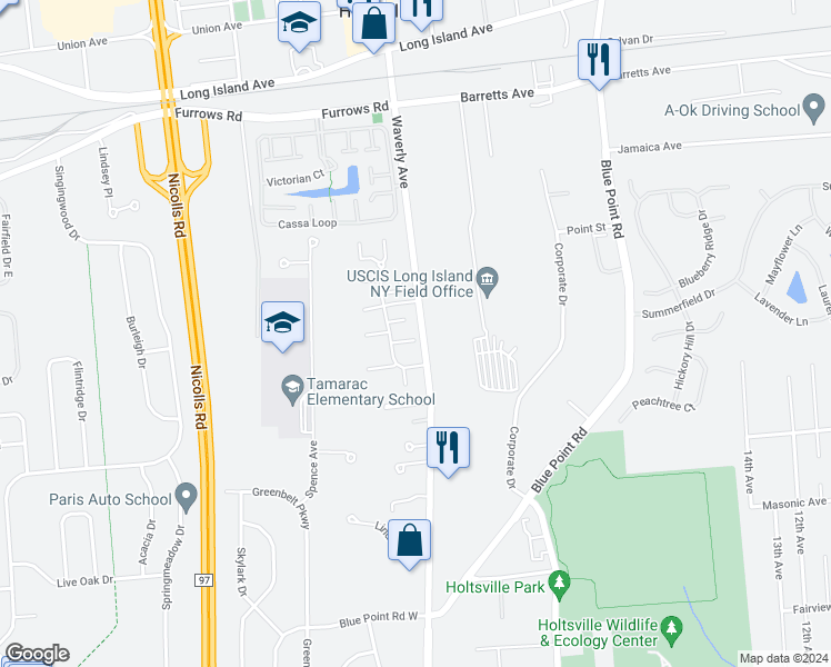 map of restaurants, bars, coffee shops, grocery stores, and more near 259 Storm Drive in Holtsville